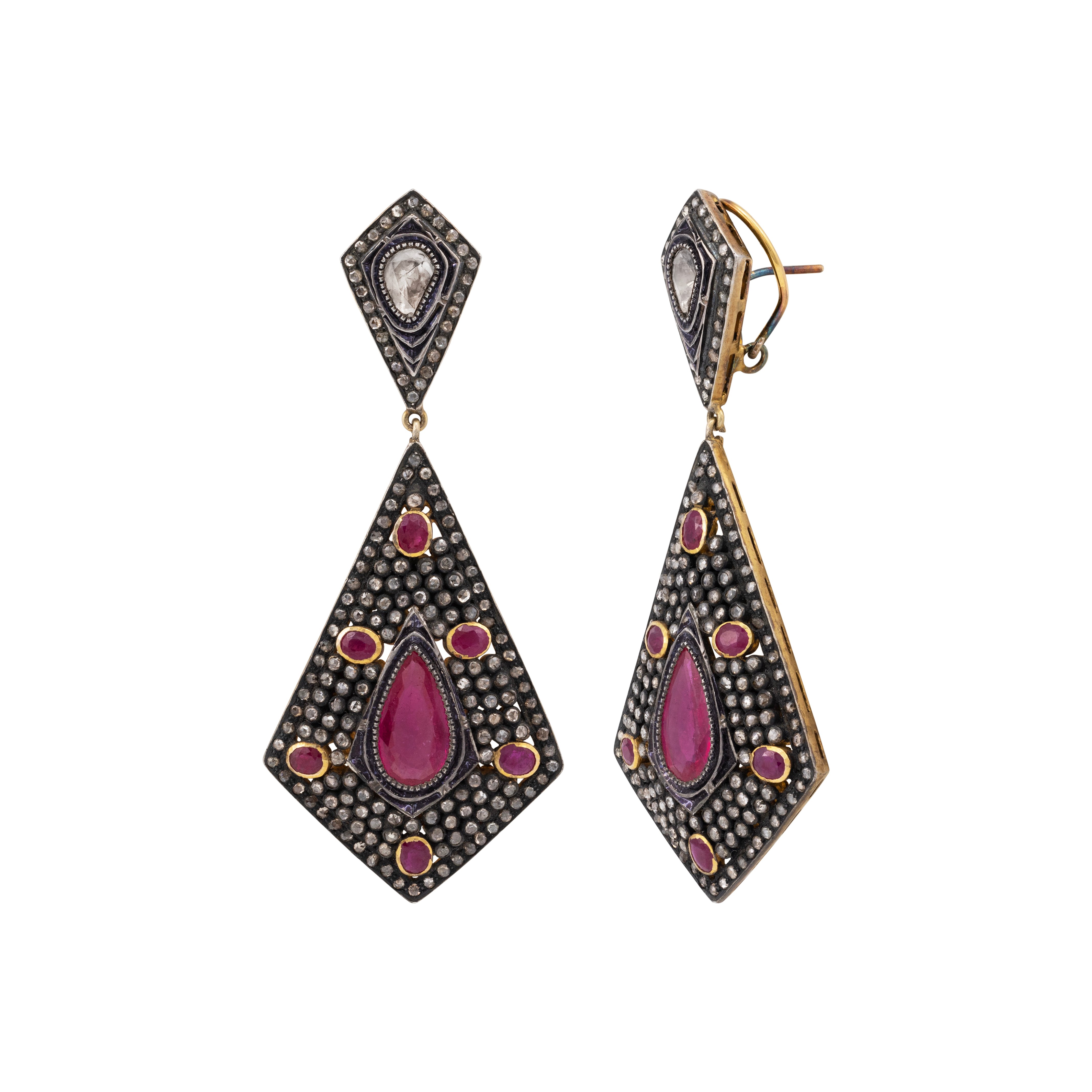 Kite-Shaped Antique Earrings with Ruby and Rose-Cut Diamonds